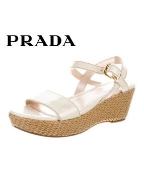 6.5/36.5 Prada Vintage Patent Leather Wedge Platform Espadrilles Cream/Off-White